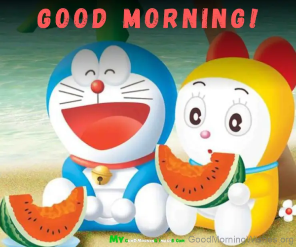 Good Morning Doraemon With Watermelon Image