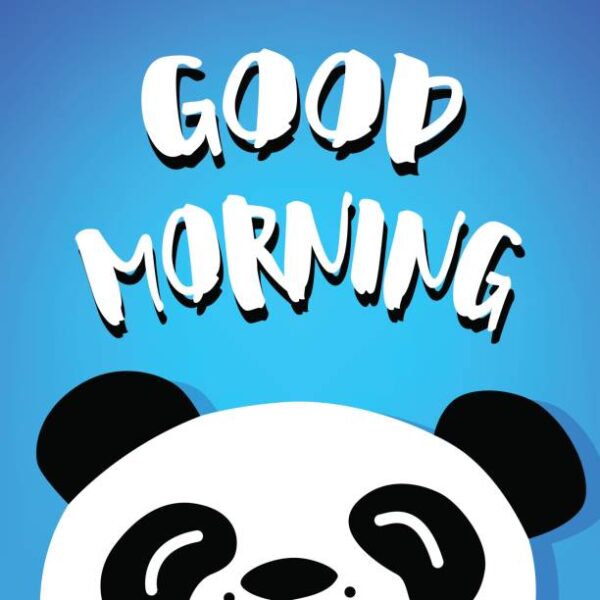 Panda Says Good Morning. Vector. Cartoon Bear On Blue Background.